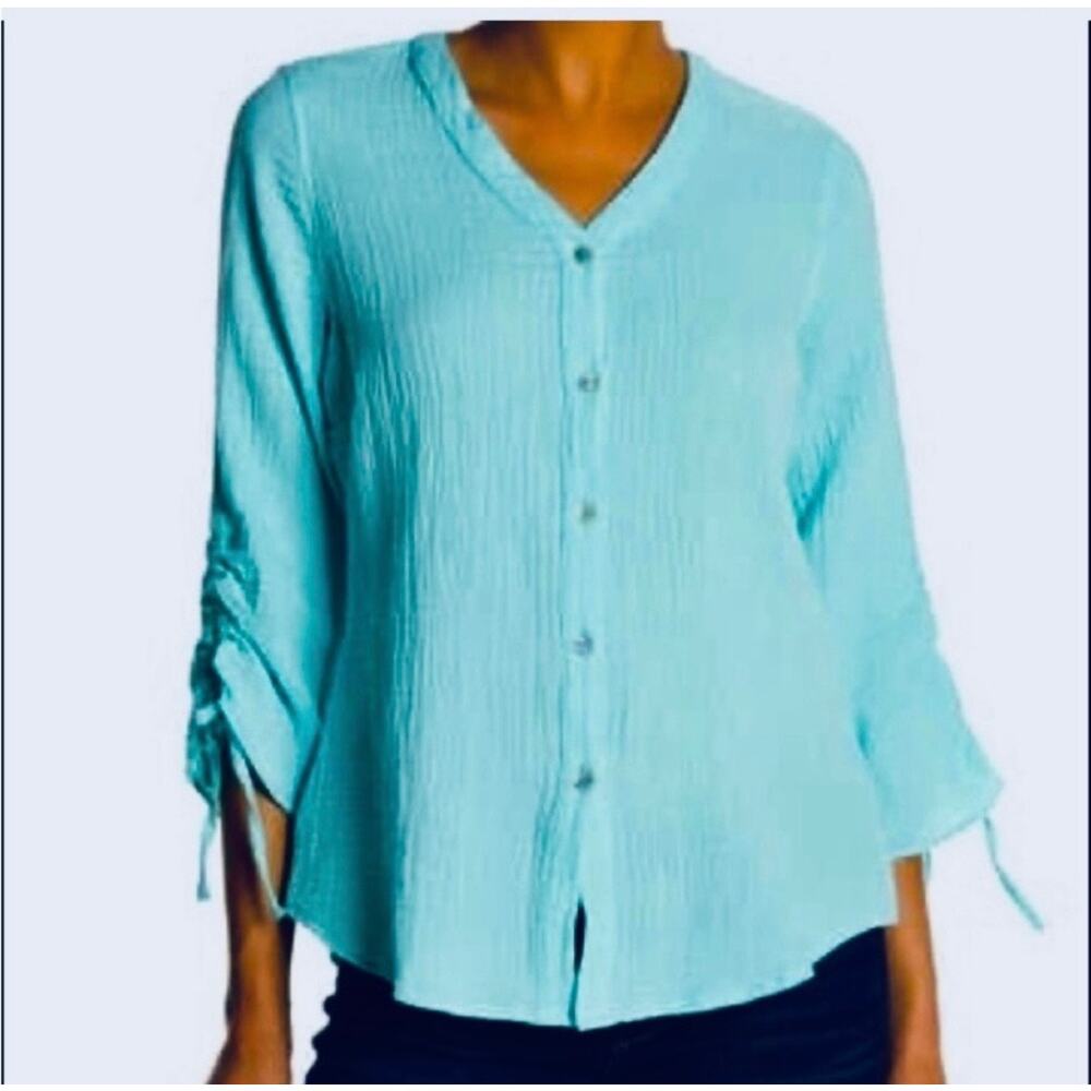 Foxcroft NYC Women's Crinkle Gauze 3/4 Sleeve Button Down Top Sea Green Size M